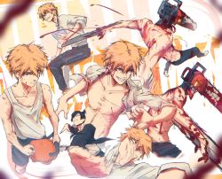 2boys aged_down black_hair black_jacket black_necktie blonde_hair blood blood_on_arm blood_on_chest blood_on_clothes blood_on_face bloody_weapon book carrying carrying_person chainsaw_man collared_shirt denji_(chainsaw_man) dirty formal_clothes hayakawa_aki highres holding holding_book holding_weapon hybrid instagram_username jacket looking_at_another looking_at_viewer looking_down looking_to_the_side male_focus messy multiple_boys neck necktie open_clothes open_mouth pochita_(chainsaw_man) sharp_teeth shirt short_hair simple_background slapping sleeves_rolled_up smile stephengiannart string_pull suit tank_top teeth tongue tongue_out topknot topless_male twitter_username weapon white_background white_shirt white_tank_top