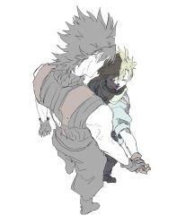 Rule 34 | 2boys, black hair, blonde hair, closed eyes, cloud strife, crisis core final fantasy vii, final fantasy, final fantasy vii, gloves, highres, holding hands, male focus, multiple boys, open mouth, shinra infantry uniform, short hair, sleeveless, sleeveless turtleneck, smile, spiked hair, standing, turtleneck, white background, yaoi, zack fair, zc furuya