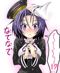 10s 1girl :c black_dress blush dress halo hand_on_another&#039;s_head hat head_pat headpat ichimi kantai_collection long_sleeves mechanical_halo purple_eyes purple_hair school_uniform solo_focus sweat tatsuta_(kancolle) translated wide-eyed