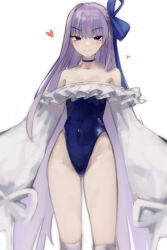 1girl absurdres bare_shoulders blue_eyes blue_ribbon blush breasts choker deko_morii fate/grand_order fate_(series) frills hair_ribbon highleg highleg_one-piece_swimsuit highres long_hair long_sleeves looking_at_viewer meltryllis meltryllis_(fate) meltryllis_(swimsuit_lancer)_(fate) meltryllis_(swimsuit_lancer)_(second_ascension)_(fate) off-shoulder_one-piece_swimsuit off_shoulder one-piece_swimsuit puffy_sleeves purple_hair ribbon sleeves_past_fingers sleeves_past_wrists small_breasts smile solo swimsuit thighs very_long_hair