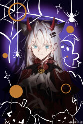 1girl absurdres alcohol alternate_costume animal_ears arknights ascot bug chinese_commentary closed_mouth commentary_request crossed_bangs cup dress drink drinking_glass ear_chain earrings fang fang_out grey_ascot hair_between_eyes hair_ornament hairclip halloween highres holding holding_cup holding_drink horns jewelry lappland_(arknights) long_sleeves looking_at_viewer mo_bi_u_si red_dress red_horns ring silk smile solo spider spider_web split_mouth upper_body watermark weibo_watermark weibo_watermark wine wolf_ears wolf_girl