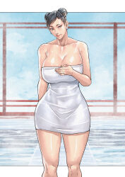 1girl absurdres bare_shoulders breasts brown_hair capcom chun-li cirenk cleavage collarbone earrings highres jewelry large_breasts looking_at_viewer solo standing street_fighter thighs towel
