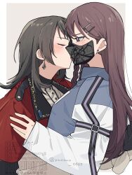 Rule 34 | 2girls, aircraft, bang dream!, bang dream! it&#039;s mygo!!!!!, black gloves, black hair, brown hair, capelet, closed eyes, commentary, earclip, earrings, gloves, highres, jewelry, licking, licking another&#039;s face, long hair, long sleeves, mole, mole under eye, multiple girls, nanami (nunnun 0410), open mouth, purple eyes, red capelet, shiina taki, timoris (bang dream!), tongue, tongue out, upper body, yahata umiri, yuri