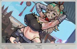 Rule 34 | 1girl, absurdres, alternate breast size, armpits, arms behind head, axe, battle axe, belt, black shirt, black shorts, blonde hair, blue sky, blush, breasts, cleavage, covered erect nipples, cowboy shot, crop top, cropped, detached sleeves, dutch angle, goggles, goggles around neck, green eyes, hair bun, hair ornament, highres, holding, holding axe, holding weapon, large breasts, long hair, midriff, mold (pixiv6616319), navel, one eye closed, open mouth, outdoors, piper wheel, shirt, shorts, simple background, single hair bun, sky, sleepy, solo, standing, sweat, thick thighs, thighs, torn clothes, unworn eyewear, weapon, white background, white sleeves, wide sleeves, yawning, zenless zone zero