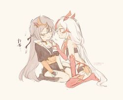 Rule 34 | 2girls, black dress, black ribbon, blush, closed eyes, dress, fu hua, fu hua (garuda), herrscher of sentience, full body, grey hair, hair ribbon, hand on another&#039;s shoulder, highres, honkai (series), honkai impact 3rd, long hair, low-tied long hair, multicolored hair, multiple girls, open mouth, red eyes, red hair, ribbon, sitting, streaked hair, translation request, two-tone hair, tya tya 3rd, very long hair, white hair