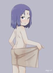 1girl abajur ass blush completely_nude dc_comics facial_mark forehead forehead_mark from_behind grey_background highres loli looking_back nude open_mouth pale_skin purple_eyes purple_hair raven_(dc) short_hair simple_background solo teen_titans thighs towel