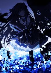 1girl absurdres arcaea black_bow black_bowtie black_dress black_eyes black_hair black_ribbon black_umbrella blue_flower blue_rose bow bowtie closed_mouth dress expressionless feet_out_of_frame flower frilled_dress frills glass_shards hair_flower hair_ornament hair_ribbon highres holding holding_umbrella long_hair long_sleeves looking_at_viewer maboroshi_(freeze000) neck_flower petticoat pleated_capelet ribbon rose solo standing tairitsu_(arcaea) tairitsu_(grievous_lady)_(arcaea) umbrella very_long_hair
