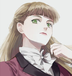 Rule 34 | 1girl, blunt bangs, bow, bowtie, braid, brown hair, closed mouth, green eyes, gundam, gundam wing, half up braid, jacket, lips, long hair, looking at viewer, portrait, red jacket, relena peacecraft, rena (renasight), shirt, simple background, solo, white background, white bow, white bowtie, white shirt