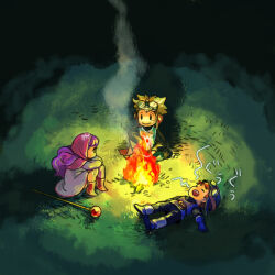 1girl 2boys blonde_hair blue_tunic campfire chibi chibi_only dragon_quest dragon_quest_ii dress goggles goggles_on_headwear green_tabard knees_to_chest long_hair lying mage_staff multiple_boys on_back on_grass prince_of_lorasia prince_of_samantoria princess_of_moonbrook purple_hair robe short_hair sitting smile tabard toisu tunic white_dress white_robe |_|