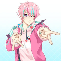 1boy ;3 absurdres blue_hair blue_nails closed_mouth commentary double_v drawstring ear_piercing furuyawn gradient_background gyaru_v highres hood hoodie jacket male_focus messy_hair multicolored_hair multicolored_nails nexas_(vtuber) one_eye_closed open_clothes open_jacket piercing pin pink_hair pink_hoodie pink_jacket pink_nails purple_eyes pyon_phelix safety_pin solo streaked_hair v virtual_youtuber