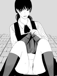 1girl chainsaw_man clothes_lift collared_shirt commentary dress dress_lift female_pubic_hair fourth_east_high_school_uniform fujimoto_tatsuki_(style) greyscale highres kneehighs knees_up lifting_own_clothes long_sleeves looking_at_viewer mitaka_asa monochrome nanami_toga on_floor open_mouth panties pinafore_dress pubic_hair pubic_hair_peek pussy_juice_stain school_uniform shirt sitting sleeveless sleeveless_dress socks solo stained_panties sweat underwear