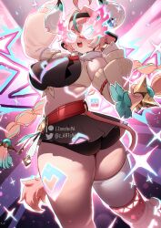 1girl ahoge animal_ears aqua_hair ass bare_shoulders bell bell_earrings belt black_skirt black_sports_bra braid breasts cow_ears cow_girl cow_horns cow_tail cropped_vest detached_sleeves earrings framed_breasts genshin_impact hairband highres horns jewelry kneehighs large_breasts long_hair looking_back low_twin_braids mask midriff miniskirt multicolored_hair open_mouth pink_hair single_thighhigh skirt socks solo sparkle sports_bra streaked_hair tail thighhighs thighs twin_braids twisted_torso varesa_(genshin_impact) vest white_thighhighs yellow_vest zasshu