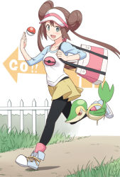 Rule 34 | 10s, 1girl, bag, blue eyes, brown hair, gen 5 pokemon, grass, hyakuen raitaa, long hair, nintendo, pantyhose, pantyhose under shorts, poke ball, pokemon, pokemon (creature), pokemon bw2, raglan sleeves, rosa (pokemon), shoes, shorts, skirt, sneakers, snivy, twintails, visor cap, walking