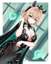 1girl absurdres alternate_costume animal_ears arm_under_breasts black_bodysuit black_cape black_tiara blush bodysuit border breasts brown_hair cape chronopattern_dress cleavage commentary cowboy_shot dutch_angle eyelashes green_eyes hair_intakes highres indie_virtual_youtuber large_breasts looking_at_viewer medium_hair meme_attire mole mole_on_breast naplings_(nimi_nightmare) nimi_nightmare one_side_up outside_border parted_lips see-through_bodysuit see-through_clothes seekorplatypus solo tapir_ears tapir_girl thick_eyelashes thigh_gap tiara twirling_hair two-sided_cape two-sided_fabric virtual_youtuber white_border