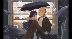 2girls absurdres alternate_costume alternate_hairstyle ayase_eli backlighting black_coat black_skirt blonde_hair blue_hair blue_skirt blush brown_coat cafe closed_mouth coat cowboy_shot dated earrings enpera floating_hair green_ribbon hair_between_eyes hair_bun hair_ribbon half_updo highres holding holding_hands holding_umbrella jewelry lipstick looking_at_another love_live! love_live!_school_idol_project makeup miniskirt multiple_girls necklace outdoors parted_bangs parted_lips people pillarboxed ribbon scarf shirt shop signature single_hair_bun skirt snowflake_earrings snowflakes snowing sonoda_umi turtleneck turtleneck_shirt umbrella white_scarf window winter winter_clothes yellow_eyes yellow_shirt yudong_rin yuri