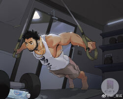 Rule 34 | 1boy, armpit peek, bara, beard, black hair, chenxiaocheng923, dumbbell, exercising, facial hair, full body, highres, large pectorals, leaning forward, male focus, mature male, muscular, muscular male, neckbeard, nipple slip, nipples, original, pectorals, short hair, shorts, sidepec, solo, sweat, sweatband, tan, tank top, tanline, thick eyebrows, white tank top