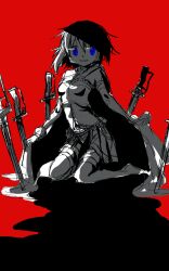 1girl belt blue_eyes cape_hold clothing_cutout collared_cape frilled_shirt frills full_body fumiko_(mesushi) greyscale_with_colored_background grin hair_between_eyes high_contrast kneeling magical_girl mahou_shoujo_madoka_magica mahou_shoujo_madoka_magica_(anime) miki_sayaka miki_sayaka_(magical_girl) miniskirt no_shoes pleated_skirt red_background shadow shirt short_hair skirt smile solo spot_color stomach_cutout stomach_jewel strapless strapless_shirt sword tareme thigh_belt thigh_strap thighhighs weapon