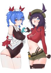 2girls :3 ahoge bare_shoulders beret blue_eyes blue_hair blush braided_twintails colphne_(girls&#039;_frontline_2) cropped_legs cropped_shirt green_beret hat heart heart_hands highleg highleg_panties highres ksenia_(girls&#039;_frontline_2) leotard looking_at_viewer midriff multiple_girls nurse_cap panties partially_shaded_face red_eyes red_ribbon red_shirt ribbon shirt shorts stechkin_(girls&#039;_frontline) sweat thighhighs torn_clothes torn_thighhighs twintails underwear white_background white_thighhighs wwtkgg
