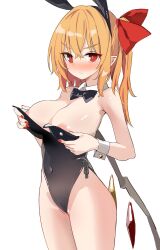 1girl alternate_costume animal_ear_hairband animal_ears areola_slip black_bow black_bowtie black_hairband black_leotard blonde_hair blush bow bowtie breasts cameltoe closed_mouth commentary cowboy_shot detached_collar fake_animal_ears flandre_scarlet hairband highres kamukamu_(ars) large_breasts leotard long_hair one_side_up playboy_bunny pointy_ears rabbit_ear_hairband rabbit_ears red_eyes side-tie_leotard simple_background solo strapless strapless_leotard symbol-only_commentary touhou v-shaped_eyebrows white_background wings wrist_cuffs