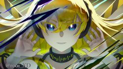 1girl black_choker blonde_hair blue_eyes cable choker floating_hair grey_background grin hair_between_eyes hands_up headphones highres lily_(vocaloid) looking_at_viewer portrait rooi_xd smile solo straight-on variant_set vocaloid