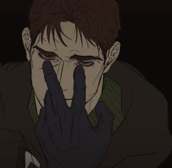 1boy :| afraid_of_monsters bags_under_eyes black_gloves black_hoodie bloodshot_eyes brown_eyes brown_hair closed_mouth david_leatherhoff exhausted eyelid_pull facial_hair gloves goatee_stubble head_tilt hood hood_down hoodie ju-san looking_at_viewer male_focus portrait scar scar_on_face short_hair solo stubble turtleneck v