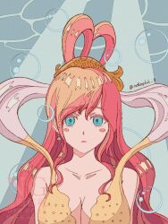 1girl blue_eyes blush_stickers bubble commentary_request fish_hair_ornament hagoromo hair_ornament japanese_clothes kimono looking_up mermaid monster_girl nokogiri_9 one_piece pink_hair shawl shirahoshi sidelocks solo swept_bangs twitter_username underwater upper_body yellow_kimono