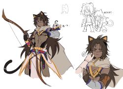 Rule 34 | 1boy, 1other, animal ears, animal on arm, bast (zeroera), bird, blush, bow (weapon), cat ears, character request, cheek pinching, chinese commentary, chinese text, closed eyes, closed mouth, commentary request, dark-skinned male, dark skin, doodle inset, highres, holding, holding bow (weapon), holding weapon, jewelry, looking to the side, male focus, multiple views, navel, necklace, nya8392216, perching, pinching, scar, scar on face, scar on nose, surprised, sweatdrop, tail, toned, toned male, translation request, weapon, white background, zeroera