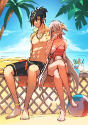 Rule 34 | 1boy, 1girl, abs, absurdres, anklet, ball, barefoot, beach, beachball, bead necklace, beads, black hair, black shorts, blonde hair, blonde streaks, breasts, cleavage, closed eyes, cocktail umbrella, collared shirt, commentary, copyright request, covering own mouth, crossed bangs, crossed legs, day, drink, drinking straw, earrings, elfboiii, english commentary, fence, flower, food, fruit, full body, hair between eyes, hair bun, hair flower, hair ornament, hand on own face, highres, hoop earrings, horizon, jewelry, lily (flower), long hair, necklace, one side up, open clothes, open shirt, outdoors, palm tree, pectorals, pineapple, pineapple slice, pointy ears, shirt, shorts, sidelocks, sitting on fence, smile, swimsuit, tassel, tassel earrings, toned, toned male, towel, tree, very long hair, white flower, white hair, wooden fence, yellow eyes, yellow shirt