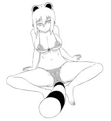 1girl animal_ears araiguma-san arm_support bare_shoulders bikini breasts cameltoe collarbone feet front-tie_bikini_top front-tie_top greyscale hair_between_eyes large_breasts legs long_sidelocks looking_at_viewer monochrome original raccoon_ears raccoon_girl raccoon_tail short_hair sidelocks simple_background sitting soles solo spread_legs swimsuit tail thighs toes tsukudani_(coke-buta) white_background