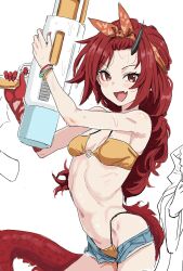 Rule 34 | 1girl, bare shoulders, bikini, blue archive, blue shorts, blush, bracelet, breasts, clearite, dragon tail, eyeliner, hairband, halo, highres, horns, jewelry, long hair, looking at viewer, makeup, micro shorts, navel, open mouth, parted bangs, red eyes, red hair, renge (blue archive), shorts, single horn, small breasts, smile, solo, swimsuit, tail, water gun, yellow bikini