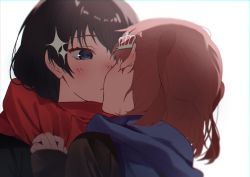 2girls aijou_karen black_hair black_jacket blue_eyes blue_scarf blurry blush brown_hair chromatic_aberration closed_mouth covered_mouth crown_hair_ornament depth_of_field enpera face-to-face facing_away hair_ornament hand_on_another&#039;s_chest hand_up highres implied_kiss jacket kagura_hikari long_sleeves looking_at_another multiple_girls nose_blush one_eye_covered portrait red_scarf scarf short_hair shoujo_kageki_revue_starlight simple_background sleeves_past_wrists sorano_(azu_mine) sparkle_hair_ornament two_side_up white_background yuri