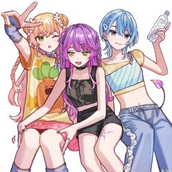 3girls ;d belt_collar black_shorts black_tank_top blonde_hair blue_hair blue_pants bottle braid braided_bun chestnut_mouth collar commentary_request crop_top cropped_shirt demon_tail fang feet_out_of_frame fingerless_gloves flower fyuu-ka gloves green_eyes hair_bun hair_flower hair_ornament hairclip hand_on_another&#039;s_thigh holding holding_bottle hololive hoshimachi_suisei invisible_chair jewelry leg_tattoo looking_at_viewer midriff momosuzu_nene multiple_girls navel one_eye_closed open_mouth pants pink_skirt purple_hair ring short_sleeves shorts sitting skin_fang skirt smile star_(symbol) star_in_eye symbol_in_eye tail tank_top tattoo tokoyami_towa twin_braids twitter_username v virtual_youtuber water_bottle wolf_cut