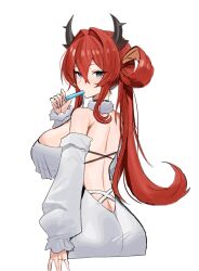 1girl arknights ass bare_shoulders blue_eyes breasts commentary demon_girl demon_horns detached_sleeves food food_in_mouth from_behind hair_between_eyes hair_intakes hair_rings highres holding holding_food holding_popsicle horn/wood horns large_breasts long_hair long_sleeves looking_at_viewer popsicle popsicle_in_mouth puffy_long_sleeves puffy_sleeves red_hair simple_background solo surtr_(arknights) symbol-only_commentary white_background white_sleeves