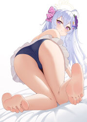 1girl absurdres all_fours ass azusa_(blue_archive) azusa_(swimsuit)_(blue_archive) bare_shoulders barefoot bikini bikini_skirt blue_archive blush bow_on_wing crescent_halo flower food-themed_hair_ornament frilled_bikini frills hair_ornament halo highres long_hair looking_at_viewer looking_back official_alternate_costume orange_hair_ornament purple_flower simple_background soles strapless strapless_bikini styx swimsuit toes watermelon_hair_ornament white_background yellow_halo