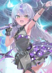 1girl :d ahoge alternate_costume arm_strap arm_up black_dress black_gloves blush breasts commentary_request covered_navel demon_girl demon_horns dot_nose dress fang fingernails gloves hair_between_eyes highres holding holding_microphone hololive horns huge_horns idol_clothes kanzarin la+_darknesss long_hair looking_at_viewer microphone multicolored_hair nail_polish open_mouth partially_fingerless_gloves purple_nails purple_streaks single_glove skin_fang small_breasts smile solo stage stage_lights streaked_hair sweat virtual_youtuber yellow_eyes
