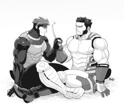 2boys bara beard bodysuit boots claw_(weapon) closed_mouth deadpool_&amp;_wolverine deadpool_(series) facial_hair frown full_body gambit hand_grab large_pectorals looking_at_another marvel marvel_cinematic_universe mature_male monochrome multiple_boys muscular muscular_male pectorals sekijaku short_hair sitting sleeveless smirk superhero_costume thick_thighs thighs veins weapon wolverine_(x-men) x-men