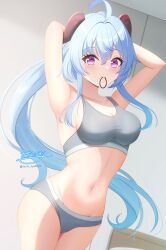 1girl ahoge alternate_costume arms_behind_head bare_shoulders blue_hair blush bra breasts cleavage closed_mouth collarbone commentary_request ganyu_(genshin_impact) genshin_impact goat_horns grey_bra grey_panties hair_between_eyes hair_tie_in_mouth highres horns hyakuya_iori large_breasts long_hair looking_at_viewer mouth_hold navel panties purple_eyes signature smile solo sports_bra stomach twitter_username tying_hair underwear very_long_hair