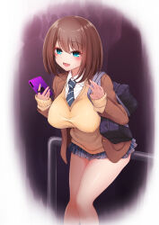 Rule 34 | 1girl, arm up, bag, blue eyes, blue necktie, blue skirt, blush, breasts, brown hair, brown jacket, brown sweater, cardigan, cellphone, collared shirt, diagonal-striped clothes, diagonal-striped necktie, green necktie, grey skirt, highres, holding, holding phone, implied prostitution, jacket, large breasts, long sleeves, maririn, medium hair, miniskirt, necktie, on railing, open mouth, phone, plaid clothes, plaid skirt, pleated skirt, railing, saki (manga), school bag, school uniform, shirt, shoulder bag, simple background, sitting, skirt, sleeves past wrists, smartphone, smile, solo, striped clothes, striped necktie, sweater, tented shirt, thighs, unozawa shiori, white shirt, yellow cardigan