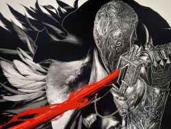Rule 34 | 1boy, arm up, armor, bell, blood, bloodborne, bloody crow of cainhurst, bloody weapon, buttons, chikage (bloodborne), commentary, english commentary, feather cape, fighting stance, gauntlets, helmet, high collar, highres, holding, holding sword, holding weapon, jewelry, katana, male focus, mixed-language commentary, monochrome, neck bell, necklace, ornate armor, sepia, solo, spot color, sword, vambraces, weapon, zawazawa0803