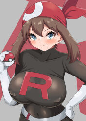 1girl absurdres bandana belt black_bodysuit blue_eyes blush bodysuit breasts brown_hair covered_collarbone covered_erect_nipples covered_navel female_focus gloves hand_on_own_hip highres holding holding_poke_ball large_breasts looking_at_viewer may_(pokemon) medium_hair nintendo poke_ball poke_ball_(basic) pokemon pokemon_rse power_of_skb red_bandana smile solo team_rocket team_rocket_uniform white_belt white_gloves