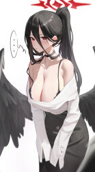 ... 1girl absurdres alternate_costume alternate_hairstyle baizhi bare_shoulders black_bra black_choker black_hair black_skirt black_wings blue_archive blush bra breasts choker cleavage closed_mouth feathered_wings hair_between_eyes halo hasumi_(blue_archive) highres large_breasts long_hair long_hair_between_eyes looking_at_viewer low_wings mole mole_under_eye off_shoulder ponytail red_eyes red_halo shirt simple_background skirt solo spoken_ellipsis sweat underwear very_long_hair white_background white_shirt wings