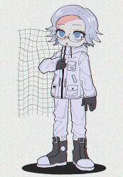 Rule 34 | 10kachi55, 1boy, :o, aotsuki eito, black gloves, black shoes, blue eyes, breast pocket, chromatic aberration, commentary, deformed, film grain, glasses, gloves, grey background, grey hair, hand on own chest, highres, jacket, looking up, male focus, pants, pocket, shoes, short hair, solo, symbol-only commentary, the hundred line -last defense academy-, white jacket, white pants