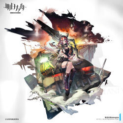 animal_ears antlers arknights belt black_belt black_boots black_shirt black_shorts black_socks boots breasts car chain chinese_commentary cleavage closed_mouth coldshot_(arknights) coldshot_(dawnbreak)_(arknights) commentary_request deer_antlers deer_ears deer_girl detached_sleeves flare goggles goggles_on_head gun hair_over_one_eye highres holding holding_gun holding_weapon horns kneehighs large_breasts long_hair long_sleeves mag_(mag42) mask midriff motor_vehicle mouth_mask official_art on_car parted_lips purple_hair shirt shorts sitting smoke snow_goggles socks solo unworn_mask weapon