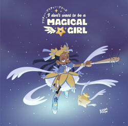 1girl absurdres afro_puffs aika_(kiana_mai) boots bridal_gauntlets dark-skinned_female dark_skin dreadlocks dress gun highres holding holding_gun holding_weapon hoshi_(kiana_mai) i_don&#039;t_want_to_be_a_magical_girl kiana_mai long_hair magical_girl multicolored_hair spiked_bat toon_(style) two-tone_hair weapon wings