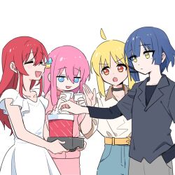 4girls ahoge alternate_costume black_choker black_shirt blonde_hair blue_eyes blue_hair blue_pants bocchi_the_rock! brown_pants brown_shirt bucket casual choker closed_eyes collarbone collared_shirt commentary_request cube_hair_ornament dot_nose dress expressionless food frilled_sleeves frills gotoh_hitori grey_background grey_shirt hair_ornament hand_in_pocket hands_up holding holding_paper holding_tray ijichi_nijika jacket kessoku_band kita_ikuyo knightym22 long_hair multiple_girls no_pupils open_mouth pants paper pink_hair pink_jacket pink_pants popcorn raised_eyebrows red_eyes red_hair shirt shirt_tucked_in short_hair short_sleeves simple_background smile sticky_note straight_hair track_jacket tray undershirt v-shaped_eyebrows white_dress yamada_ryo yellow_eyes