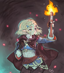 1girl alpaca_carlesi black_cloak black_gloves black_pants blue_eyes blue_shirt braid breasts cloak commentary cowboy_shot embers english_commentary fingerless_gloves fire gloves hair_ornament hairclip highres holding holding_torch looking_back medium_breasts nintendo pants parted_bangs parted_lips pointy_ears princess_zelda shirt short_hair sidelocks signature solo the_legend_of_zelda the_legend_of_zelda:_tears_of_the_kingdom torch