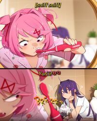 2girls absurdres bathroom blush book breasts doki_doki_literature_club fang frown hair_ornament hairclip highres holding holding_toothbrush khyle. long_hair manga_(object) mirror multiple_girls natsuki_(doki_doki_literature_club) open_book pink_hair pink_shirt plant potted_plant reading red_eyes shirt short_hair sideways_glance small_breasts smelling tile_wall tiles toilet toilet_use toothbrush yuri_(doki_doki_literature_club)