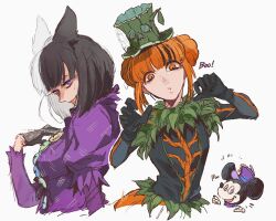 Rule 34 | 1boy, 2girls, alou pkmn, animal ears, character request, disneyland, gloves, hair bun, halloween, halloween costume, hat, hime cut, long hair, looking at viewer, mickey mouse &amp; friends, multiple girls, open mouth, orange hair, pumpkin hat, short hair