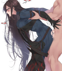 1boy 1girl black_dress black_gloves blush breasts brown_hair censored clothed_female_nude_male clothed_sex dress earrings elbow_gloves fate/grand_order fate_(series) from_side glasses gloves hetero jewelry large_breasts layered_dress long_hair long_sleeves manly mimyo mosaic_censoring multiple_earrings nude ribbed_dress sex simple_background torn_clothes torn_dress very_long_hair white_background yu_mei-ren_(fate) yu_mei-ren_(first_ascension)_(fate)