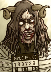 1boy androgynous beard blood brown_hair facial_hair highres horns long_hair male_focus mugshot sharp_teeth solo straitjacket teeth tenji_sanmon white_eyes